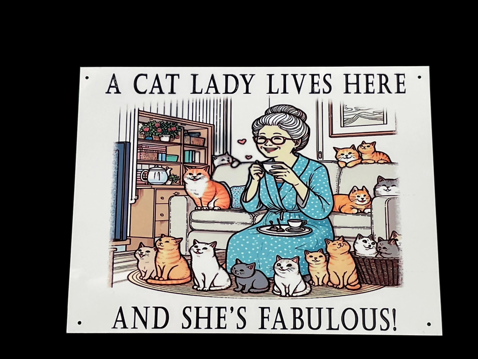 A cat lady surrounded by cats in a cozy room