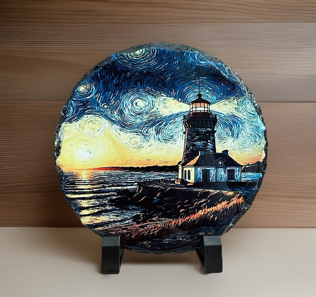 Lighthouse Round Slate Artwork - 6 Inch Diameter - Includes Plastic Stands
