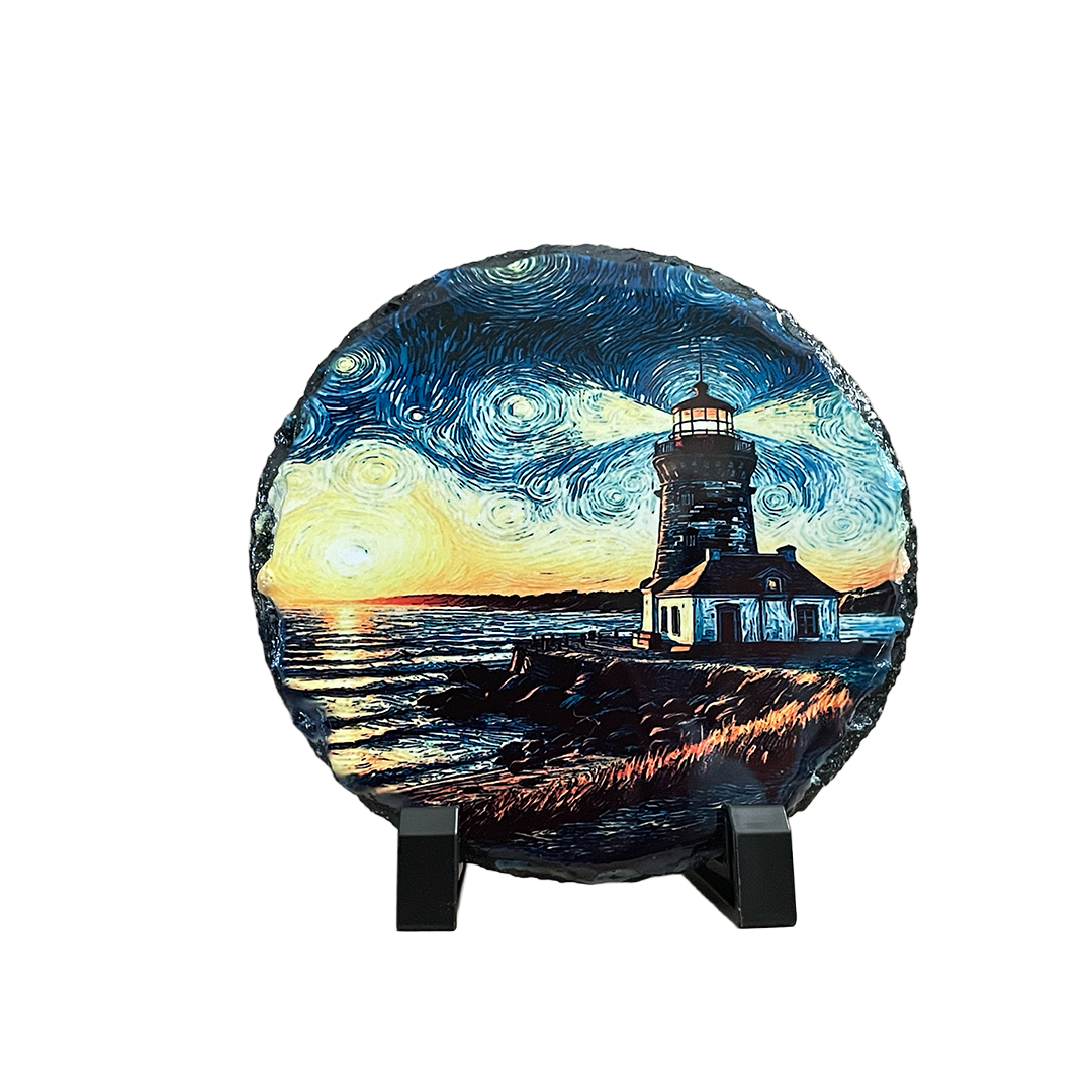 Lighthouse Round Slate Artwork - 6 Inch Diameter - Includes Plastic Stands