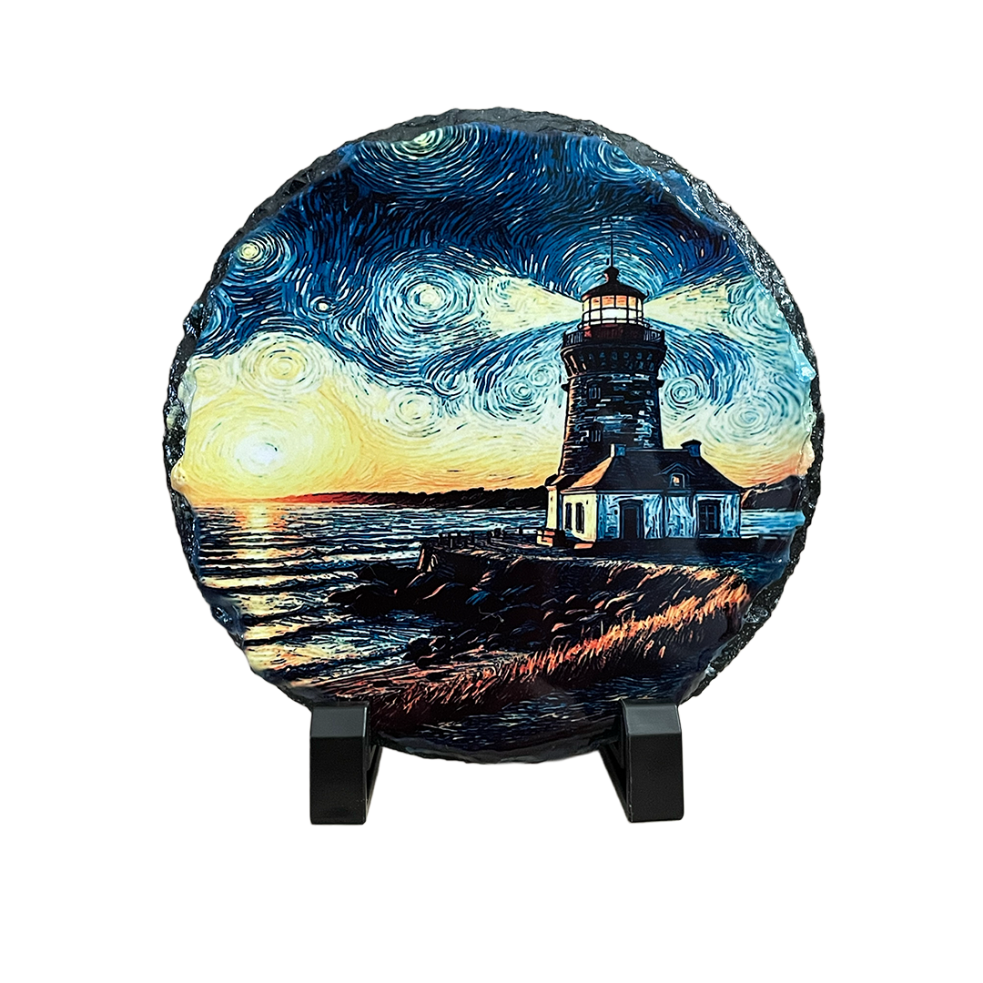 Lighthouse Round Slate Artwork - 6 Inch Diameter - Includes Plastic Stands
