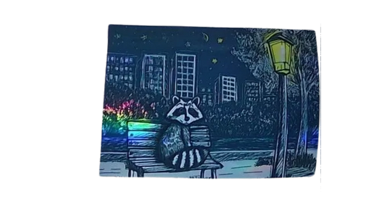 Aimant holographique fin « Raton laveur urbain » 10 cm x 7 cm