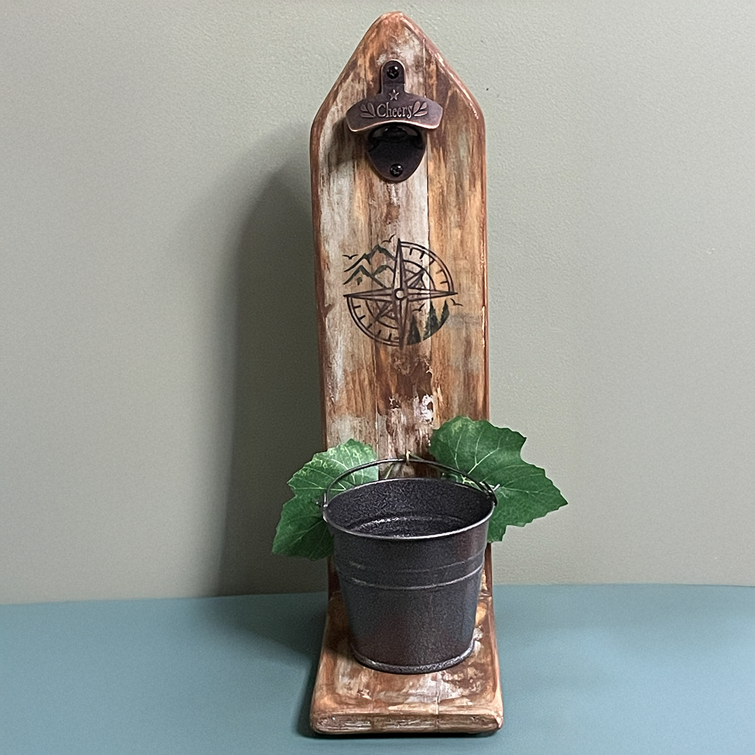 Handmade Rustic Pine Wood Bottle Opener w/ Cap Catch Bucket Cabin Bar Decor